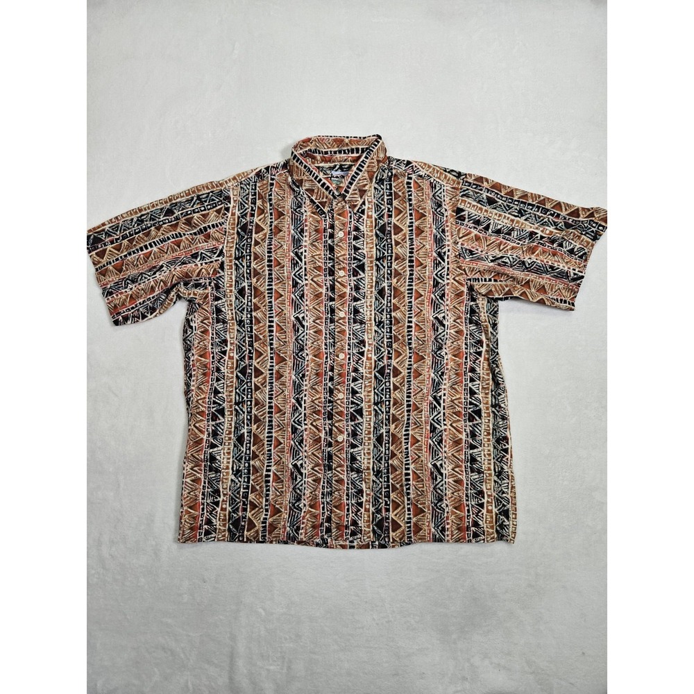 Reyn Spooner Shirt Mens Large Brown Hawaiian Aloha Tapa Print Cotton Aztec